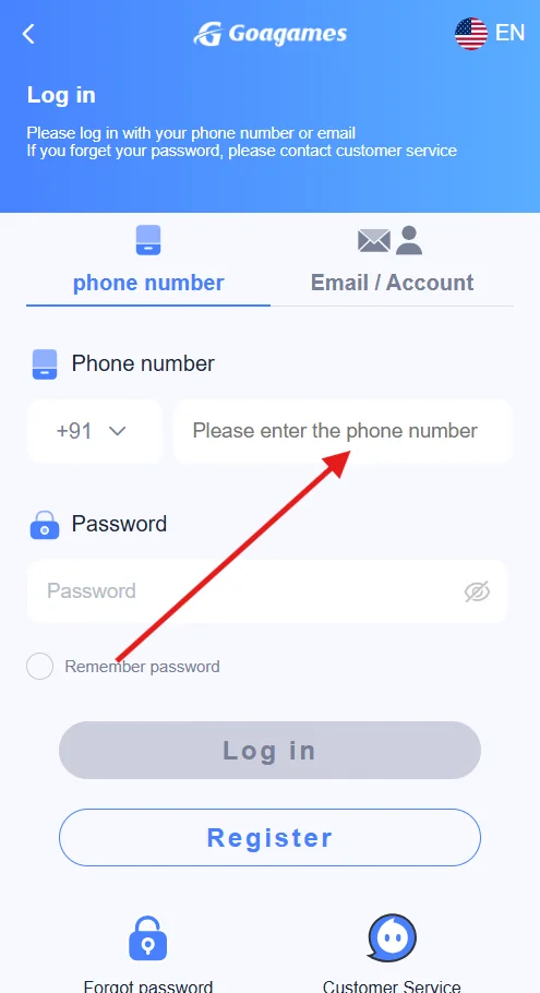 enter registered phone number